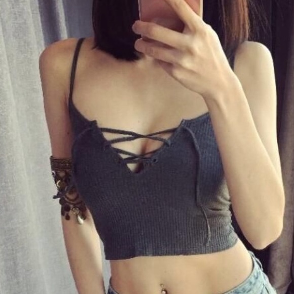 Tops - Moon City - Lace-Up Ribbed Cropped Camisole Top